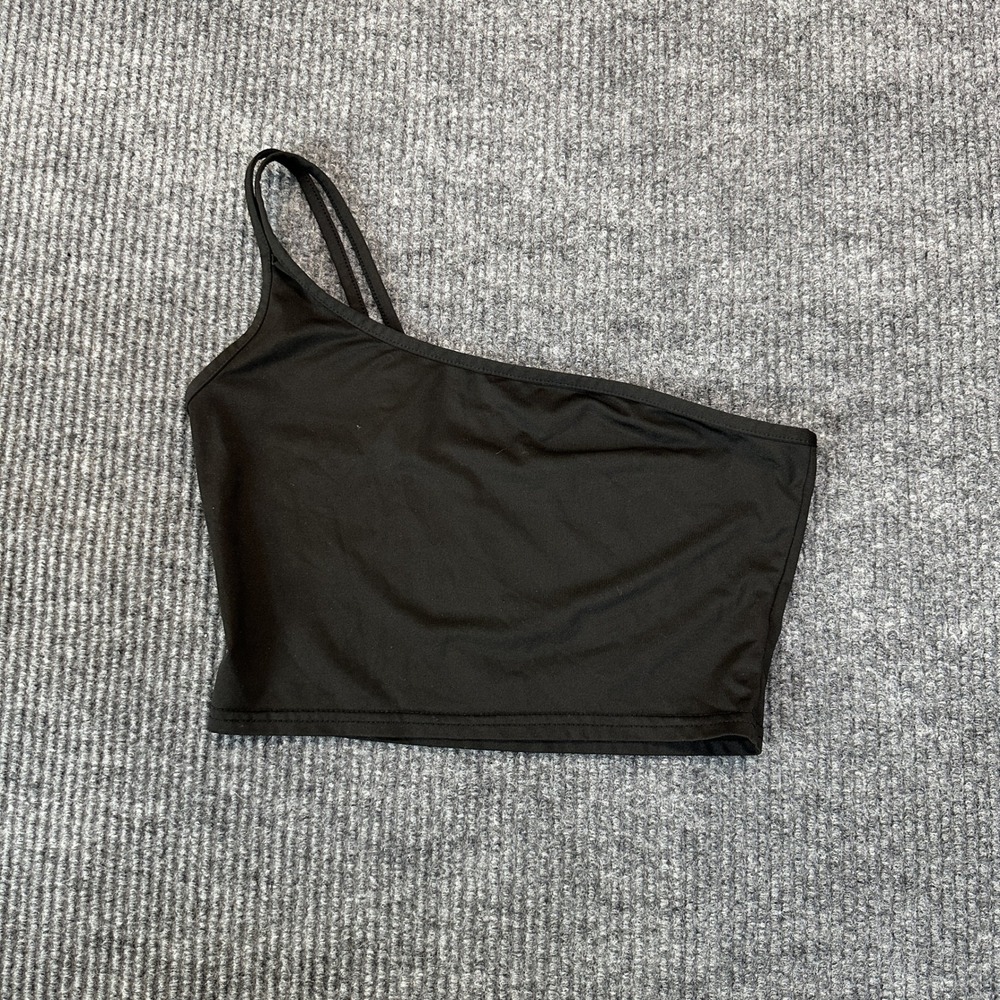 Romwe Womens One Shoulder Crop Top Small Black Asymmetrical Stretch